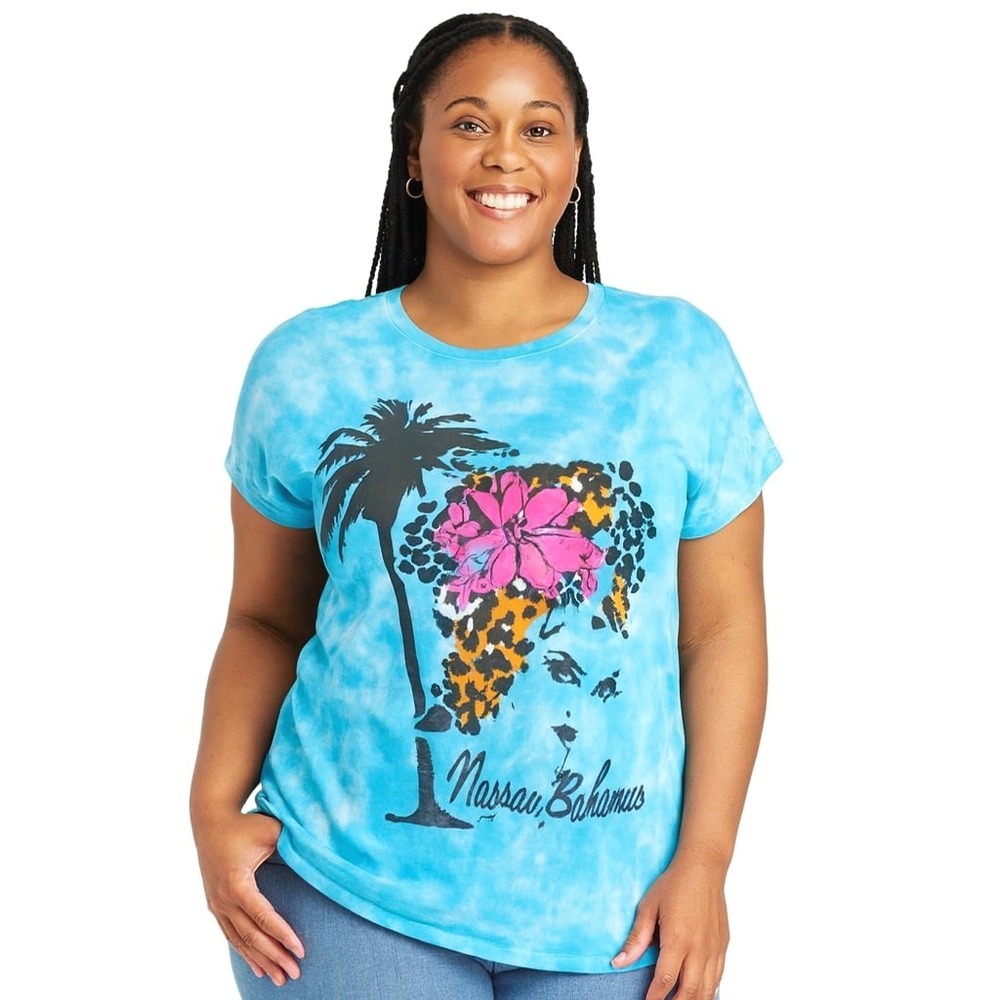Hybrid Tees Womens Blue Tie Dye Nassau Bahamas Graphic T-Shirt Women Size XL